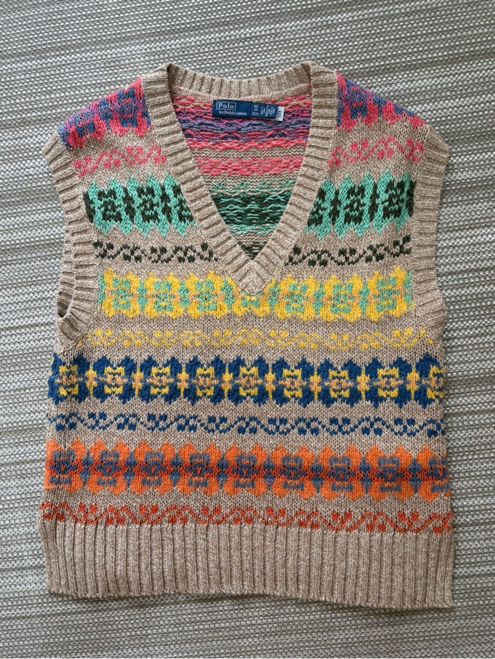 Polo by Ralph Lauren Beige Fair Isle V-Neck Sweater Vest with Multicolor Stripes
